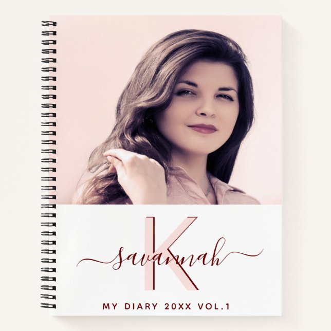 Diary custom photo rose gold white monogram notebook (Front)