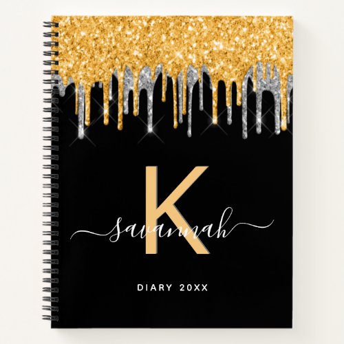 Diary glitter monogram black gold silver chic notebook
