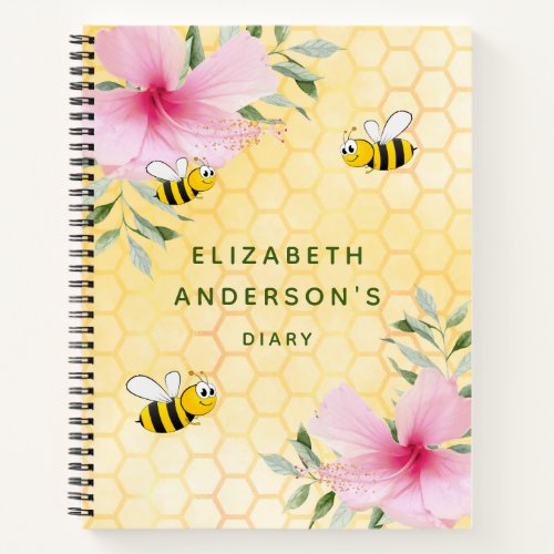 Diary happy bees pink florals name notebook