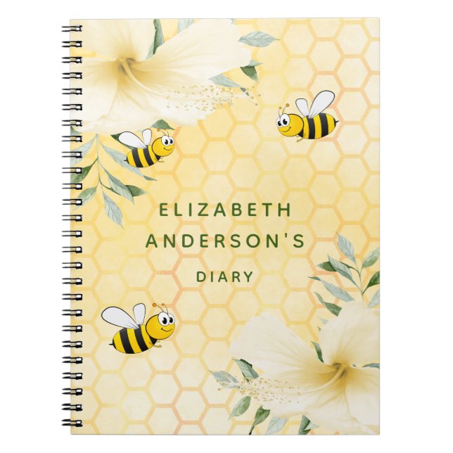 Diary happy bees yellow floral college ruled notebook (Front)