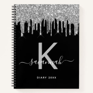 Diary monogram black silver glitter drips journal
