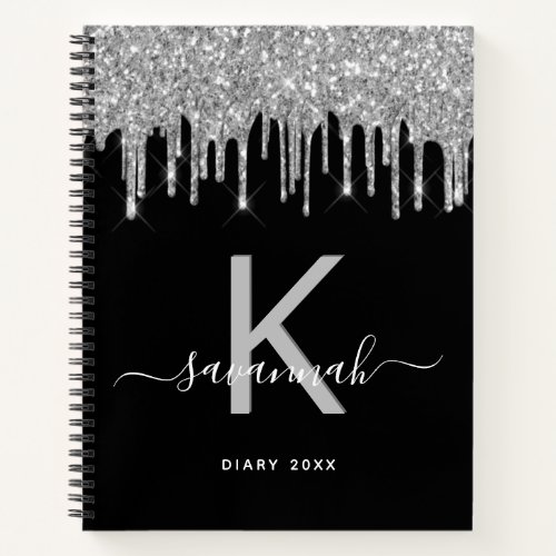 Diary monogram black silver glitter drips journal