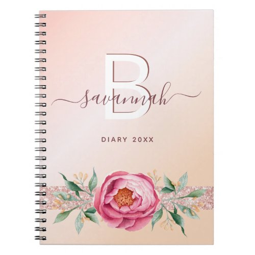 Diary monogram rose gold pink glitter girly modern notebook