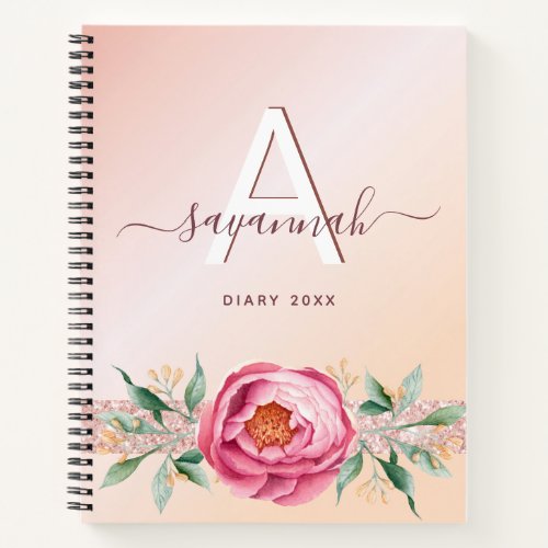 Diary monogram rose gold pink glitter girly modern notebook