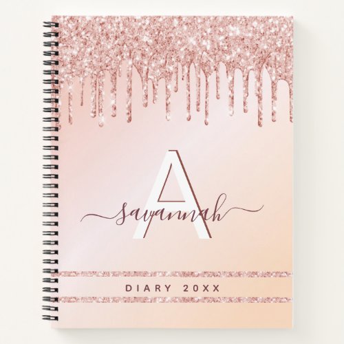 Diary monogram rose gold pink glitter modern girly notebook