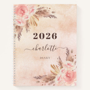 Diary pampas grass rose gold florals name 2023 notebook
