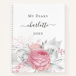 Diary pink floral silver foliage white name notebook