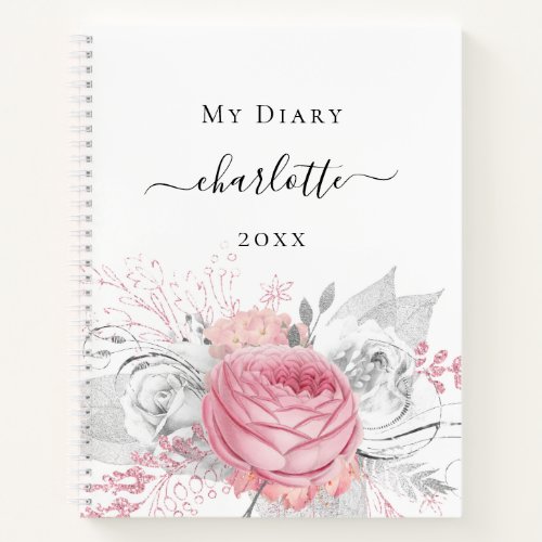 Diary pink floral silver foliage white name notebook
