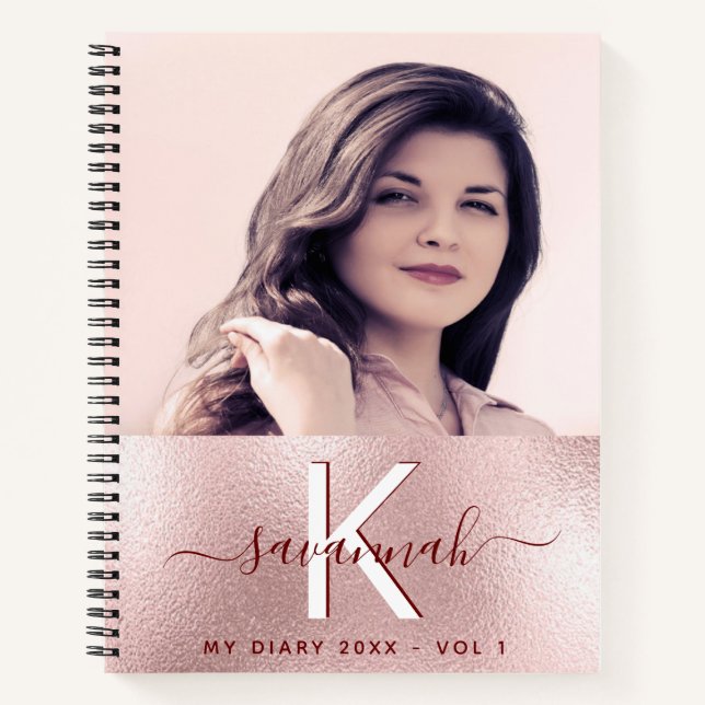 Diary rose gold custom photo pink monogram notebook (Front)