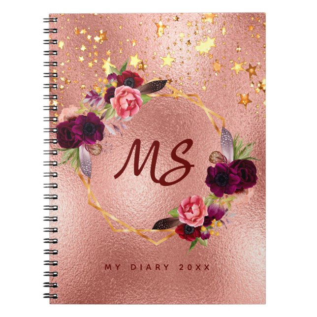 Diary rose gold flowers burgundy stars monogram notebook (Front)