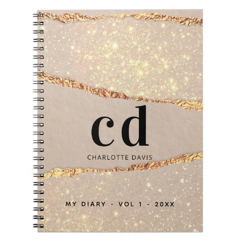 Diary rose gold glitter agate marble monogram note notebook