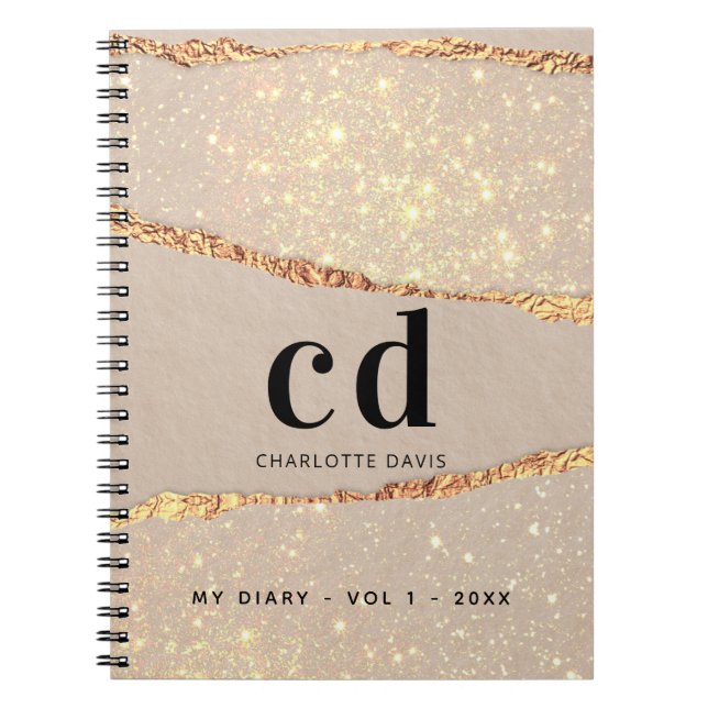 Diary rose gold glitter agate marble monogram note notebook (Front)