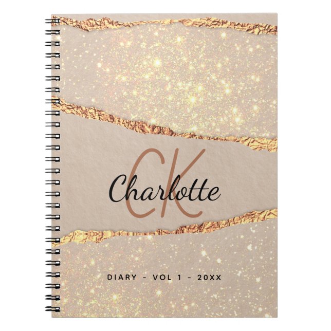 Diary rose gold glitter agate marble monogram notebook (Front)