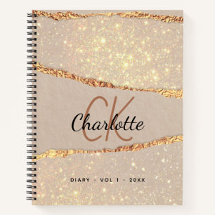 Diary rose gold glitter agate marble monogram notebook