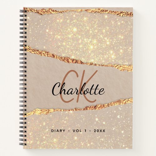 Diary rose gold glitter agate marble monogram notebook