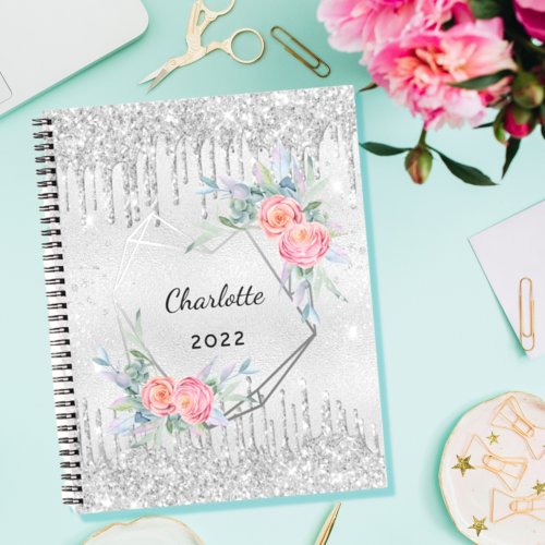 Diary silver floral glitter blush pink name 2022 notebook