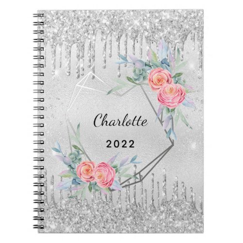 Diary silver floral glitter blush pink name notebook