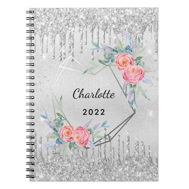 Diary silver floral glitter blush pink name notebook (Front)