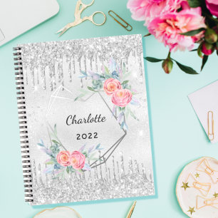 Diary silver floral glitter blush pink name notebook