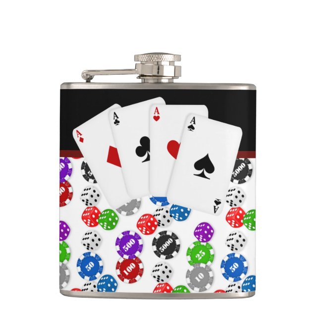 Dice Chips and Aces Poker Flask (Front)