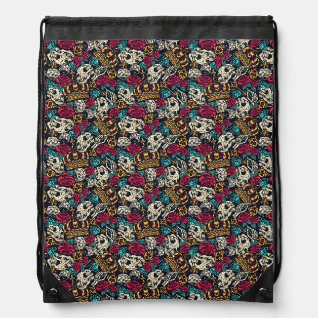 Dice skull rose crown gambling eccentric pattern drawstring bag (Front)