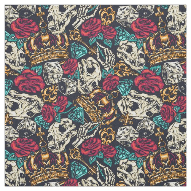 Dice skull rose crown gambling eccentric pattern fabric (Swatch)