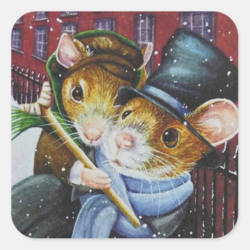 Dickens Christmas Carol Mice Watercolor Art Square Sticker