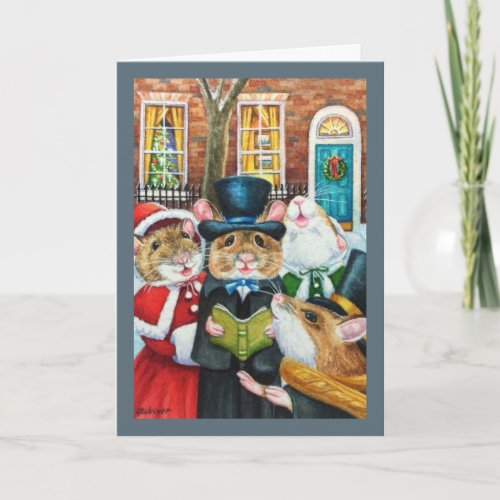 Dickens Christmas Caroling Mice Watercolor Art Card
