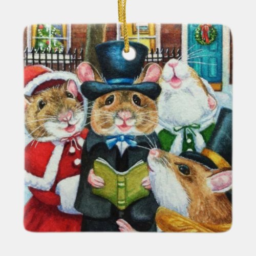 Dickens Christmas Caroling Mice Watercolor Art Ceramic Ornament