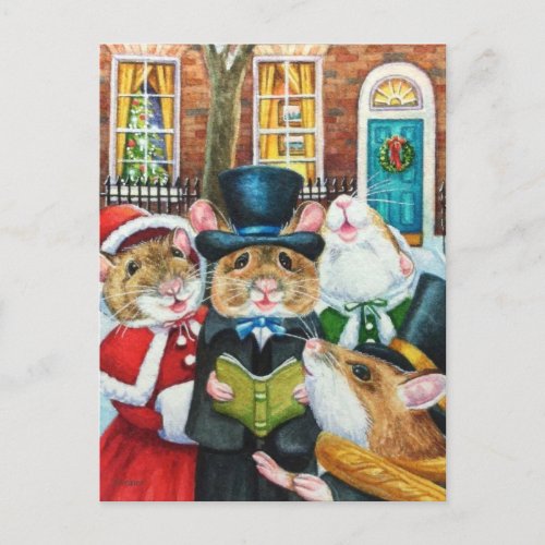 Dickens Christmas Caroling Mice Watercolor Art Postcard