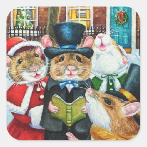 Dickens Christmas Caroling Mice Watercolor Art Square Sticker
