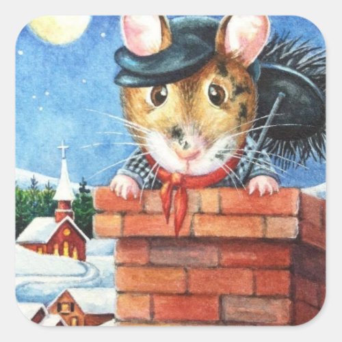 Dickens Christmas Chimney Sweep Mouse Art Square Sticker