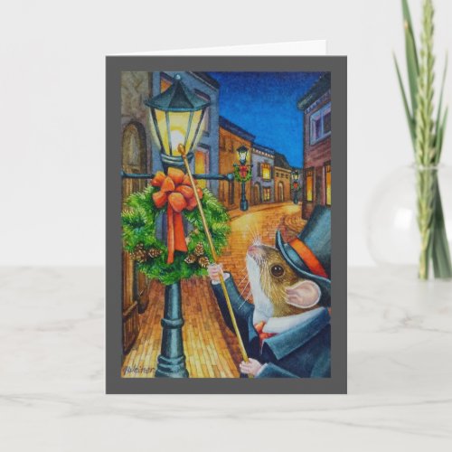 Dickens Christmas Lamplighter Mouse Watercolor Art Card