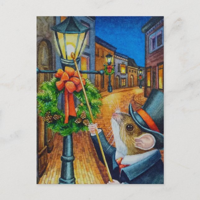 Dickens Christmas Lamplighter Mouse Watercolor Art Postcard (Front)