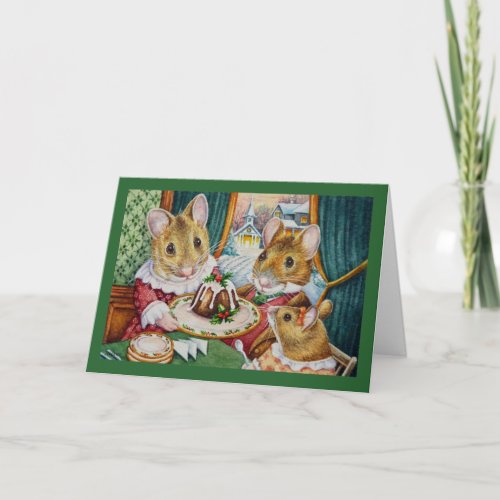 Dickens Christmas Mice Plum Pudding Watercolor Art Card