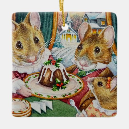 Dickens Christmas Mice Plum Pudding Watercolor Art Ceramic Ornament