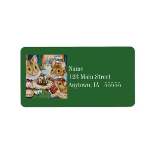 Dickens Christmas Mice Plum Pudding Watercolor Art Label