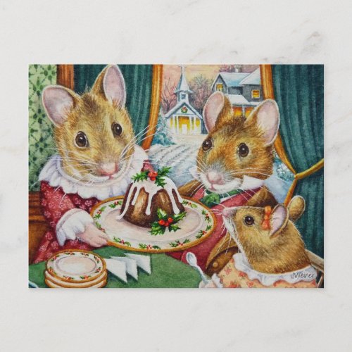Dickens Christmas Mice Plum Pudding Watercolor Art Postcard