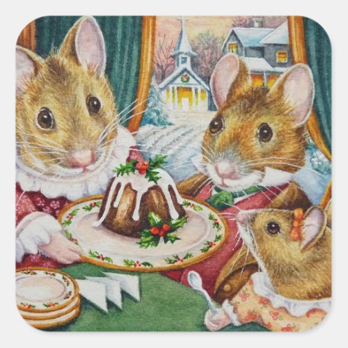 Dickens Christmas Mice Plum Pudding Watercolor Art Square Sticker