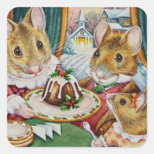 Dickens Christmas Mice Plum Pudding Watercolor Art Square Sticker