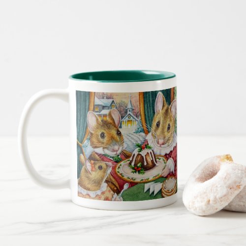 Dickens Christmas Mice Plum Pudding Watercolor Art Two_Tone Coffee Mug
