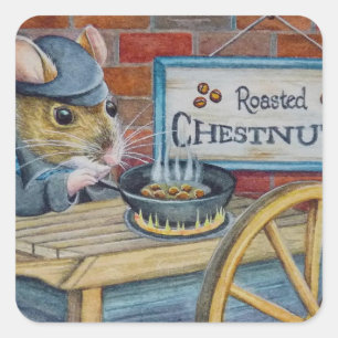 Dickens Christmas Mouse Roasting Chestnuts Art Square Sticker