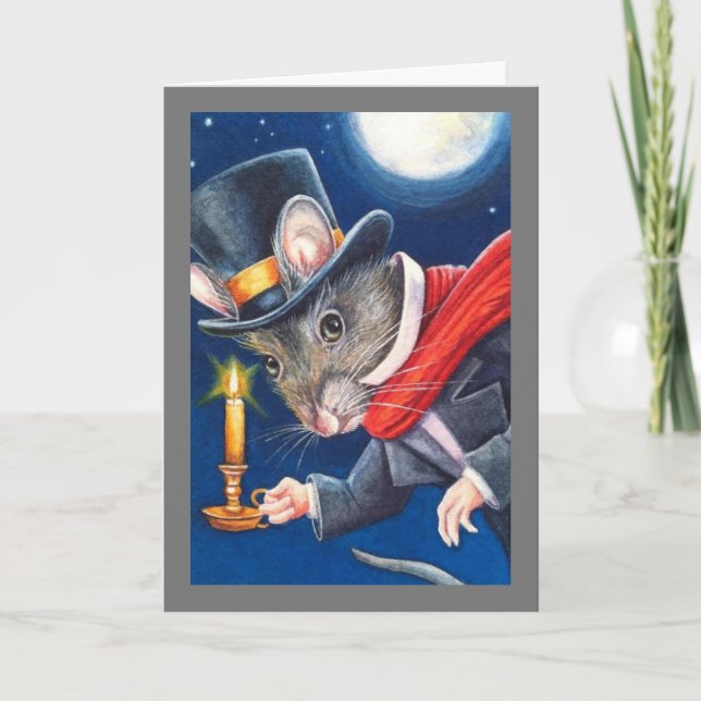 Dickens Christmas Scrooge Mouse Watercolor Art Card (Front)