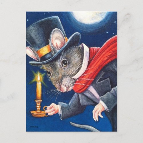Dickens Christmas Scrooge Mouse Watercolor Art Postcard