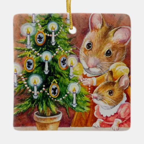 Dickens Christmas Tree Trimming Mouse Art Ceramic Ornament