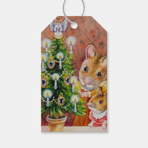Dickens Christmas Tree Trimming Mouse Art Gift Tags
