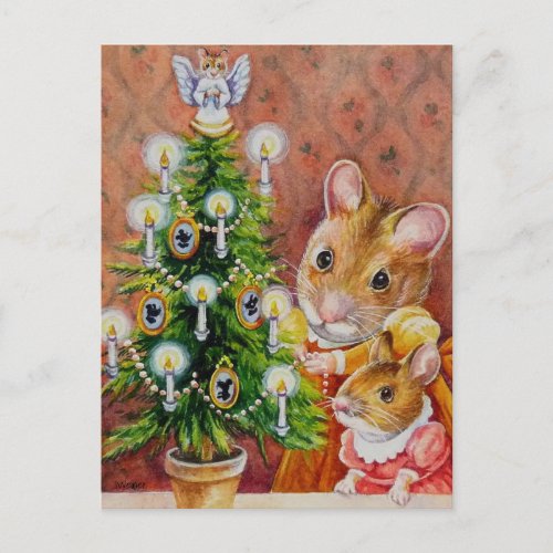Dickens Christmas Tree Trimming Mouse Art Postcard