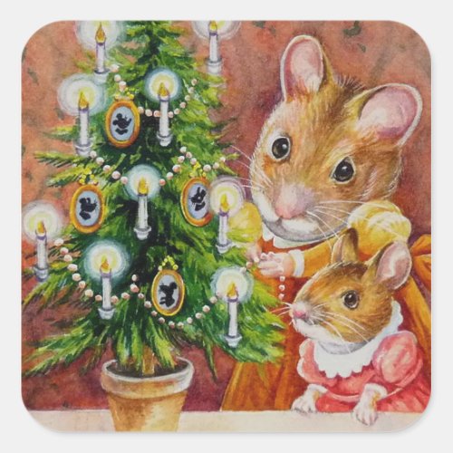 Dickens Christmas Tree Trimming Mouse Art Square Sticker