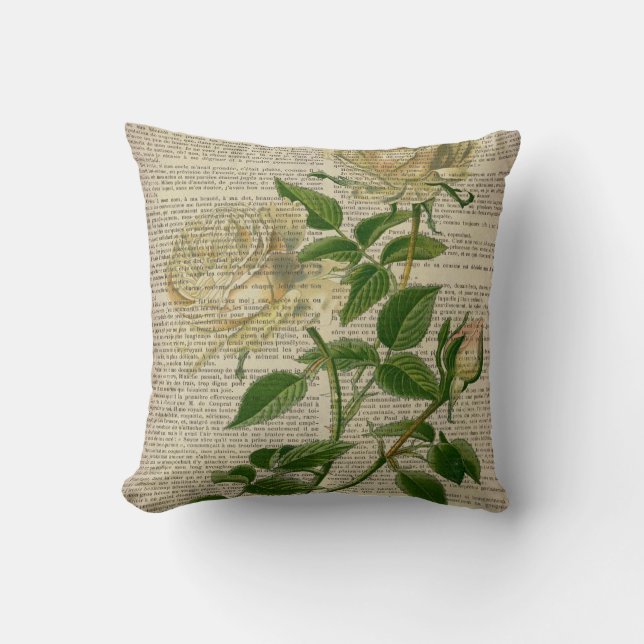 dictionary french country botanical white rose throw pillow (Front)