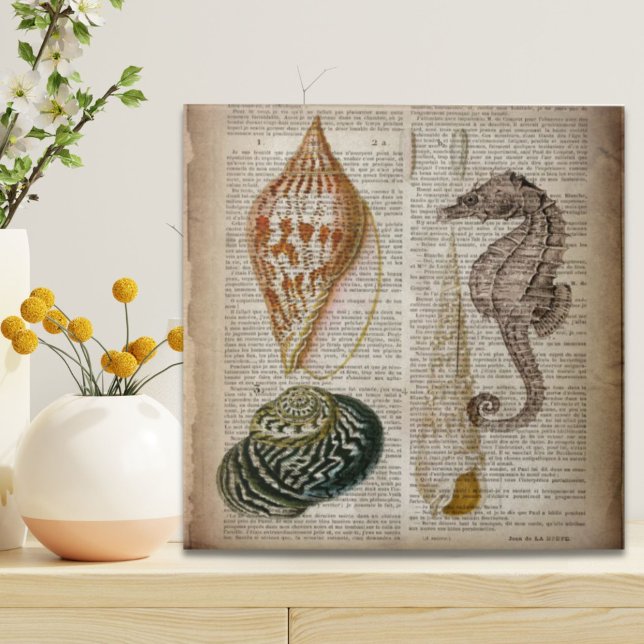 dictionary print french botanical beach seashells ceramic tile (dictionary print french botanical beach seashells ceramic tile)